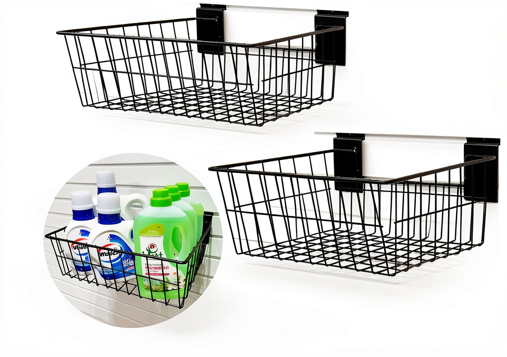 ATOOLA slatwall basket mounted on a garage wall with tools inside