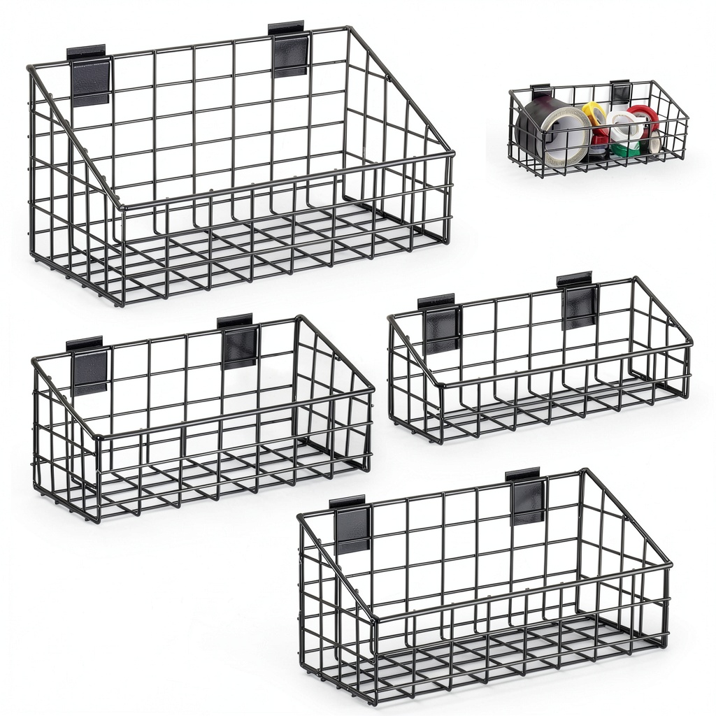 Vesici slatwall baskets mounted on a retail slatwall displaying accessories