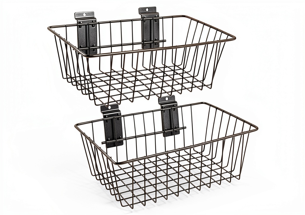 Polmart slatwall basket mounted on a slatwall panel in a workshop