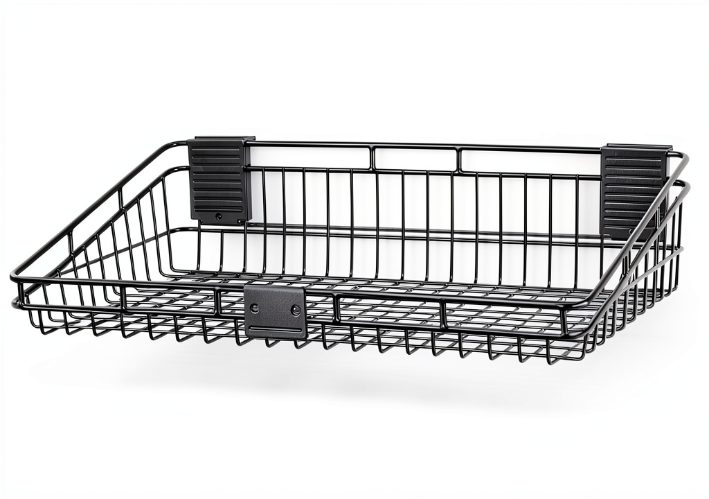 HandiWall steel basket mounted on slatwall panel with tools inside